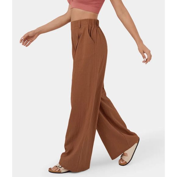 Halara High Waisted Plicated Side Pocket Wide Leg Palazzo Casual Cotton Pants - Picture 3 of 6